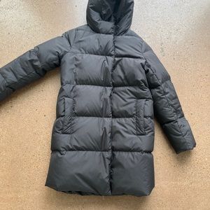 J Crew black puffer long coat great for winter / rainy weather!